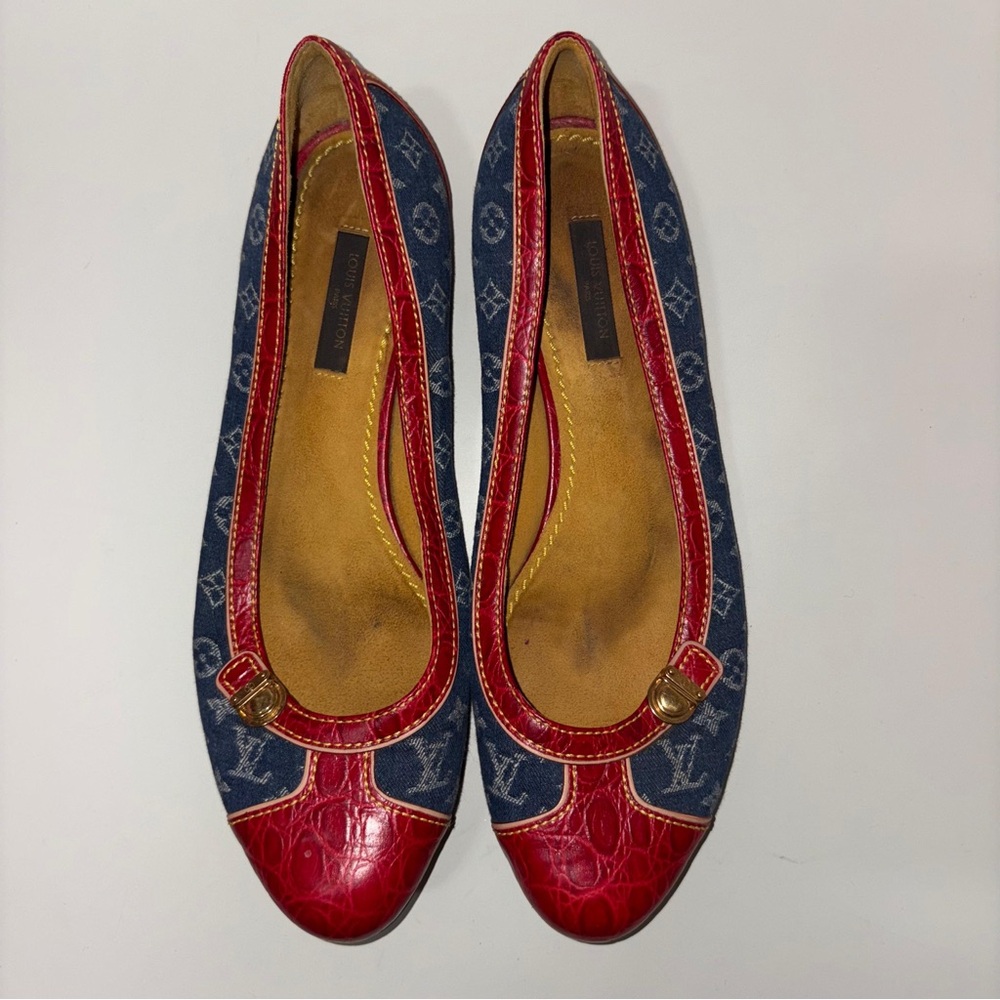 Louis Vuitton women’s ballet flat size 8.5 monogram denim red croc #AR0035